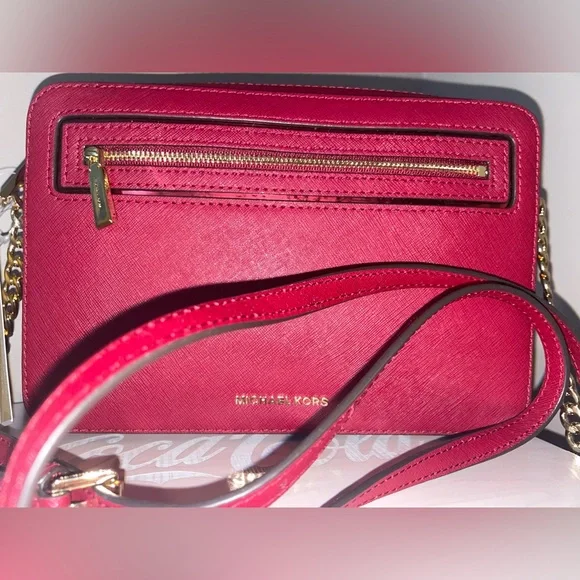Michael Kors LG Frame Out Item Cherry Red Cross Grain Leather Crossbody Bag - Picture 2 of 16